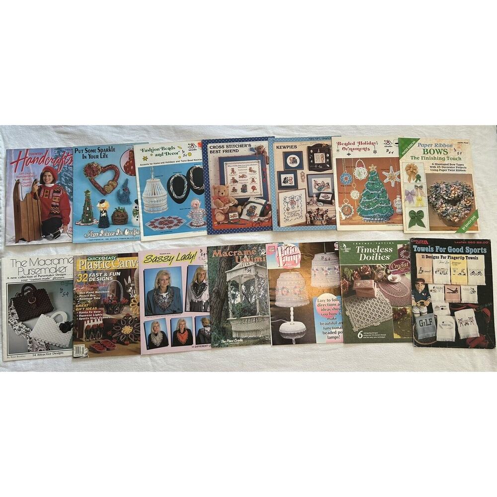 Vintage Lot 14 CRAFT BOOKLETS 80s 90s Beads Cross Stitch Macrame Doilies Bows
